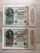 REICHSBANKNOTEN : 1000 Mark, Fa. B ohne Überdruck und 1 Milliarde Fa. B mit Üdr.