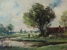 Antikes kleines Ölgemälde Polderlandschaft Niederlande 2. H. 19. Jh.