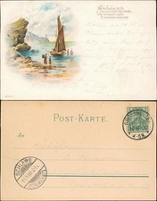 Fischer bei  Abfahrt Stimmungsbild Künstlerkarte 1900  Stempel Schlawe Pommern