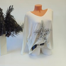 Italy Damenpullover Oversize Feinstrick mit Paillettenstern One Size 42-48 Weiß