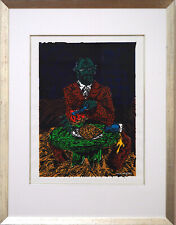 Jörg Immendorff "Baselitzfrühstück" handsignierte Graphik auf Leinwand