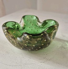 Murano Glas Bullicante Schale Aschenbecher Grün Goldstaub Handmade