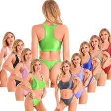 DE Damen 2 Pieces Glänzende Bademode Bikini Set Crop Tops und Slips BBadeanzug