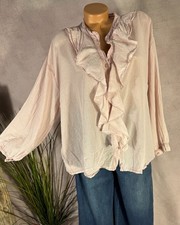 Damen Bluse Rüschen 100% Baumwolle Ballonärmel One Size 40-46  Washed Out rosa