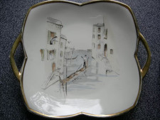 50er Alka Kunst Anbietschale mit Griff Porzellan Goldrand