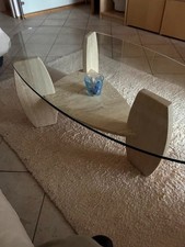 GLAS-COUCHTISCH, oval, 130 x 60 cm, 2 Ebenen,TRAVERTIN