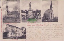 164163 AK Schönberg O.-L. Moys 1904 Evangelische Kirche Pfarrhaus Kaiser-Denkmal
