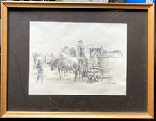 ::PFERDE FUHRWERK° UNLESERLICH SIGNIERT MENSCHEN BELADEN WAGEN OCHSEN 1948 ANTIK