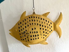 Fisch Metall Windlicht 38 cm Shabby Maritim Steht Hängt Kette Gelb Blau Tür