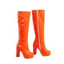Kniehohe Plattform Stiefel Boots 70er Lack Vinyl Latex-Optik Orange 37
