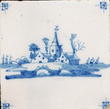 Delfter Blau orig. Fliese Kirche/Dorf tile Delft Blue mit Eck-Dekoren 13 x 13 cm