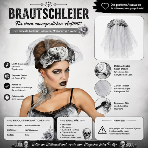 Brautschleier grau gothic - grau,