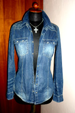 Damen Jeans Hemd Bluse Blau sexy Used Look 34 36 XS S Batik Style Jacke