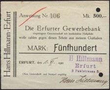 [11010] - NOTGELD ERFURT, Hans Hillmann/Erfurter Gewerbebank,  500 Mk, 01.11.192