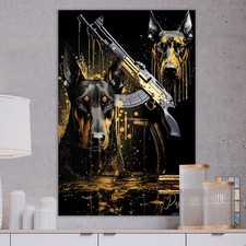 LEINWAND BILD Dobermann Hund Wandbild Schwarz Gold Hunde Edel Hundekopf Tiere