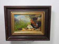 Kleines Ölgemälde Italiener Hahn zwei Hennen Sign. Grassl Tiermaler München