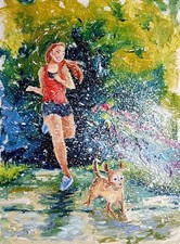 Mädchen und hund beim joggen - und,