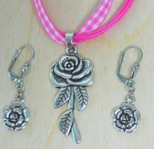 Trachtenkette Organzaband mit schöner Rose Oktoberfest Ohrringe 3 Varianten Neu