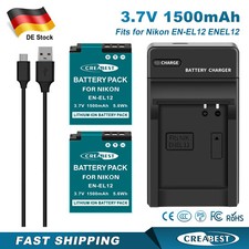 2Pcs EN-EL12 Akku+Ladegerät Für Nikon CoolPix P300 P310 P330 ENEL12 S6000 S8200