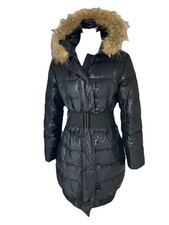 Benetton Daunen Steppmantel M Kapuze Echtfell Schwarz Gürtel