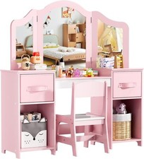 Kinderschminktisch Holz Frisiertisch Set mit Hocker &Klappbarem Spiegel Hellrosa