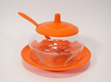 True Vintage Panton Ära 70er Jahre Marmeladenglas auf Tablett mit Löffel orange