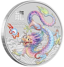 1 OZ Silber Lunar 3 Drache 2024 mit Farbapplikation Weiss White Dragon color