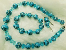 Fimo Schmuckset 3 tlg. Kette Armband Ohrhänger türkis Magnetverschl. Kristalle