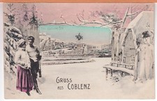 Winter-Litho, Coblenz/Koblenz, Schnee, Schlittschuläufer, Schneemann, gel. 1914