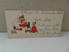 Mini.Künst.AK M&B 3Mädchen,Puppe,Bank,Wiege,Holzbottich,Schwamm besr.1920