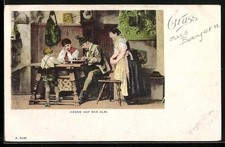 Mann spielt Zither an einem Tisch, Abend auf der Alm, Ansichtskarte 