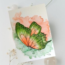 Orange Grüner Schmetterling in Aquarell A6, Dekorative Kunst, Malerei, Bilder