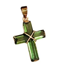 Echt Moldavit großes Kreuz 585  14k Gold Anhänger f Kette Christ Glaube Meteorit