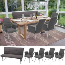 Set Esszimmerstuhl+Sitzbank HWC-G55, Stuhl Stoff Edelstahl gebürstet grau-braun