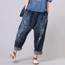 Damen Tiefer Schritt Denim Hose Baggy Jeans Harem Hippy Distressed Zerrissen