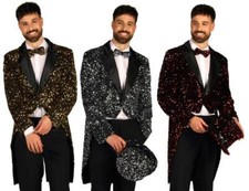 Frack Pailletten Jackett Kostüm Jacke Sakko Blazer Herren Weste Party Zylinder