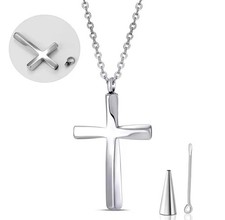UNISEX ANHÄNGER KREUZ EDELSTAHL SILBERFARBEN MIT KETTE ASCHE URNE MARKANTE FORM