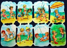 Glanzbilder, Oblaten,  Bogen Nr. 98-115 und Logo "Krüger" -Ferienkinder- Vintage