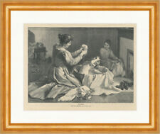 Im Bade Mutter Kinder Trog 1896 Kaminfeuer Defonte Holzstich GL III Gerahmt 802