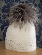 Bommelmütze  mit echtfell Pompon,Strickmütze mit Strasssteine,Creme,Gr.M/L