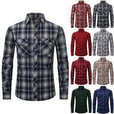 Herren Knopf Kragen Bluse Kariert Langarm Hemd Freizeit Hemden Taschen Oberteile