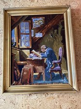 Stickbild groß 37x57 cm mit Holzrahmen Vintage  Spitzweg Stickerei Bild