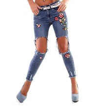Sommer Hose Sexy Party JEANS Große Löcher mit Blumen & Stickerei Slim Capri-Hose