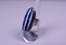 Extravaganter FISCHLAND Silberring mit blau-weiß gestreiften Stein * Vintage
