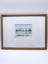 Original Aquarell Malerei Signiert Landschaft See Ufer Vintage Rahmen Holz