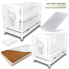 Babybett Gitterbett 2in1 Teddybär mit Hase Weiß + Schublade Bettlaken  Matratze