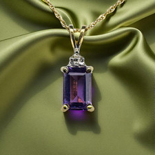10K Gold - Amethyst & Diamant Halskette -16" - Smaragdschliff Amethyst - Februar -1g