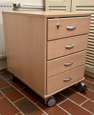 Schreibtisch Holz Unterschrank mit Rollen,  hell mit 4 Schubladen abschliessbar