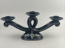 Vintage Gmundner Keramik Kerzenständer - 3 armig - Blumen - Etikett - Blau