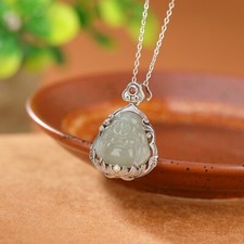 F02 Anhänger Maitreya Buddha helle Jade in Lotusblume Silber 925